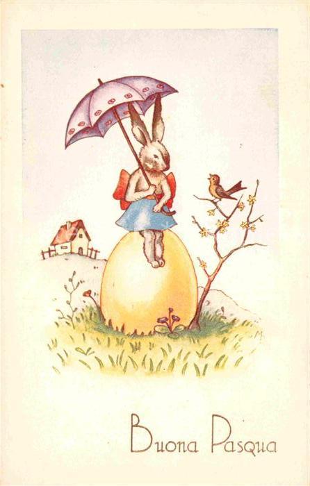 Vermenschlicht Hase Regenschirm Ei Vogel Ostern