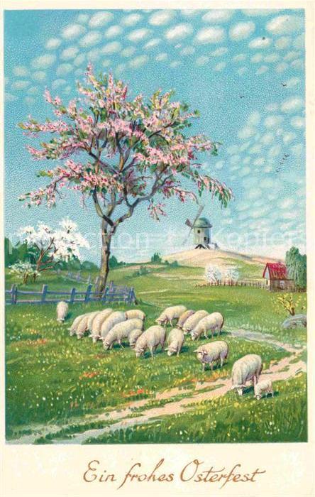 Ostern Easter Paques Schafe Windmühle Baum Litho