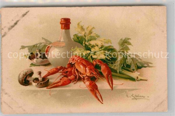 Klein Catharina Kuenstlerlitho Stillleben Hummer Pilze Sellerie Flasch