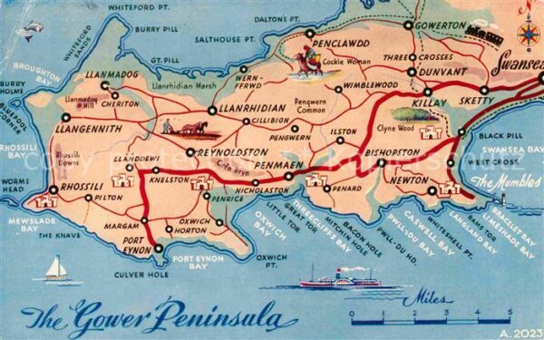 Swansea Gower Peninsula Map Valentines Postcard
