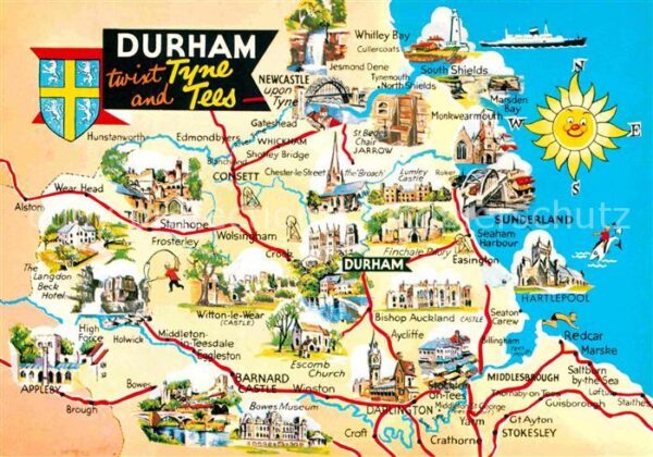 Durham UK Tyne and Tees and surroundings map Land