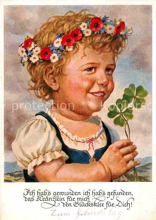 Verlag Lengauer August Muenchen Nr. 3005 Kind Blumenkranz Kleeblatt