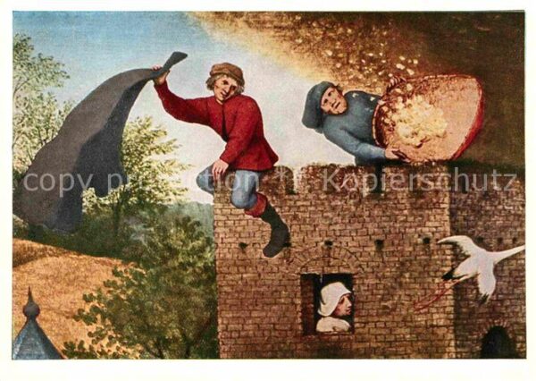 Kuenstlerkarte P. Brueghel Sprichwörter Mantel Federn