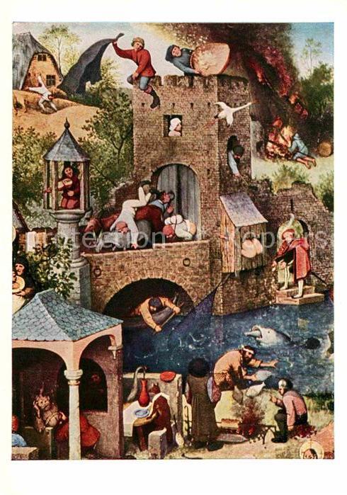 Kuenstlerkarte P. Brueghel Sprichwörter Federn Brand T