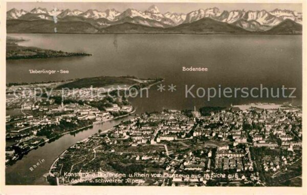 Konstanz Bodensee Fliegeraufnahme mit Rhein und Alpen