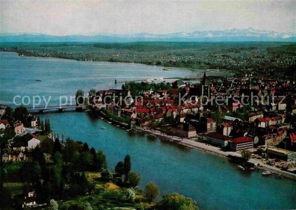 Konstanz Bodensee Fliegeraufnahme Rheinausfluss mit Alpen