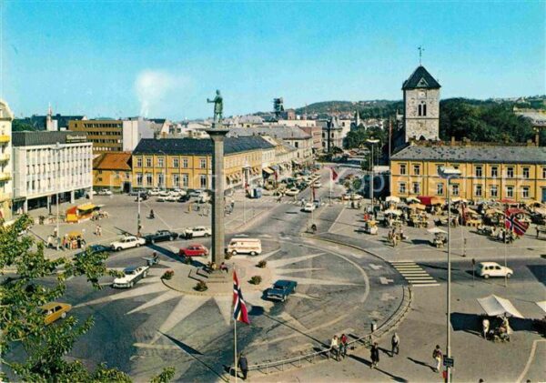 Trondheim Market Place with the Statue of Olav Tr