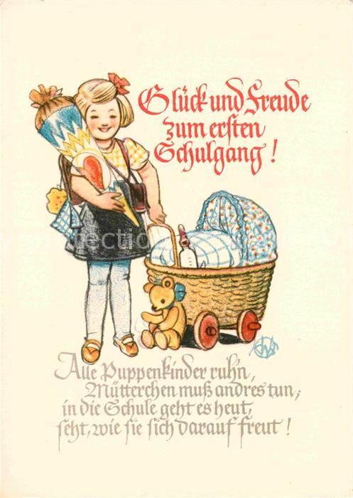 Schule School Ecole Escuela Scuola-- Einschulung Kind Schultüte Puppenwagen