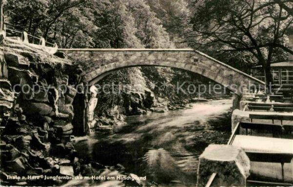 Thale Harz Jungfernbrücke mit Hotel und Hirschgrun