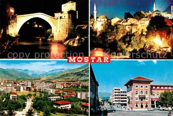 Mostar Moctap Brücke und Altstadt bei Nacht