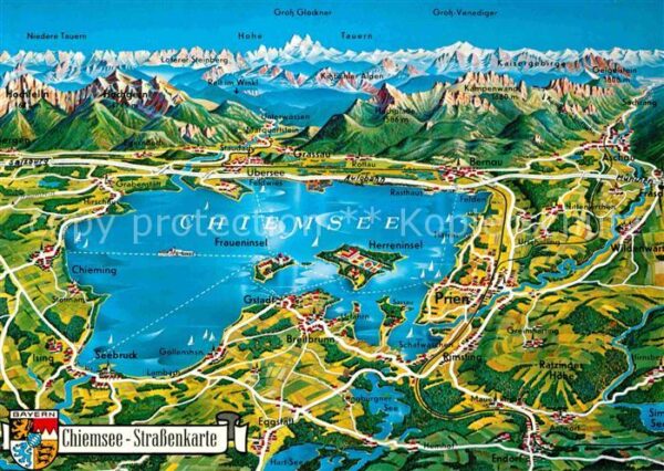 Chiemsee Strassenkarte Alpenpanorama aus der Vog