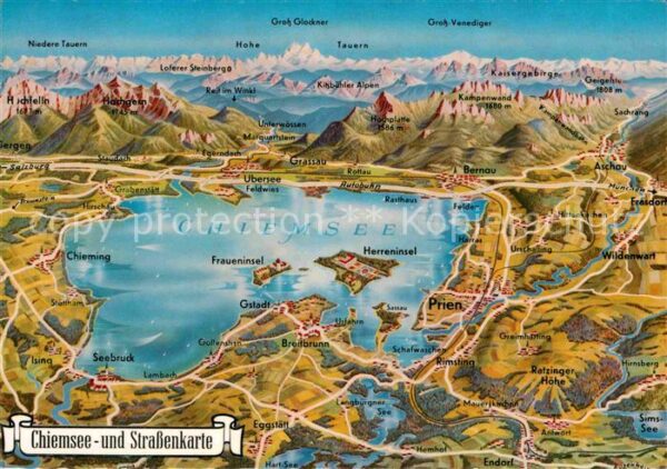 Chiemsee und Umgebung Strassenkarte Alpenpanoram