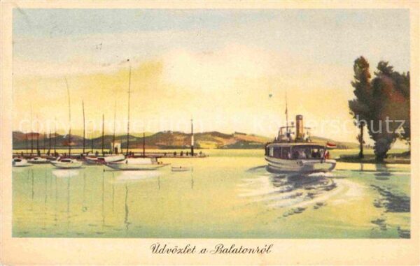 Balaton Plattensee Hafen Dampfer Künstlerkarte