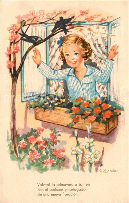 Kinder Child Enfants Vögel Blumen Gedicht Frühling