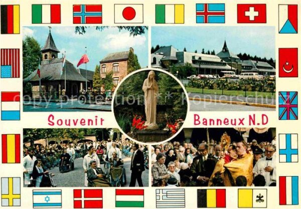 Banneux Notre Dame Wallfahrtsort Statue Nationalflaggen