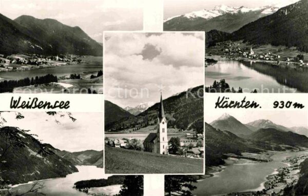 Weissensee Kaernten Kirche Panorama mit Alpen
