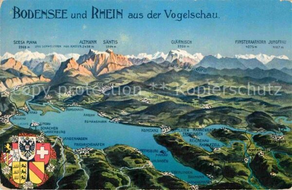 Bodensee Panoramakarte mit Rhein und Alpen