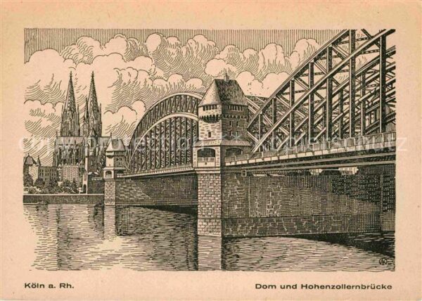Koeln Rhein Dom und Hohenzollernbrücke Künstlerkart
