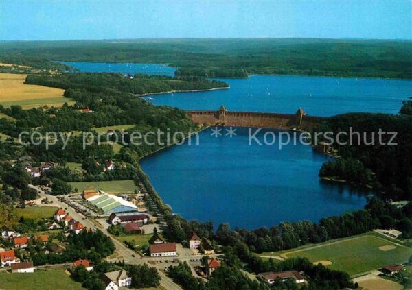 Moehnesee Sperrmauer und Sägewerk Fliegeraufnahme