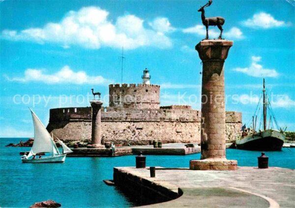 Rhodos Rhodes Aegaeis Leuchtturm Hafeneinfahrt Der Hirsch Sta