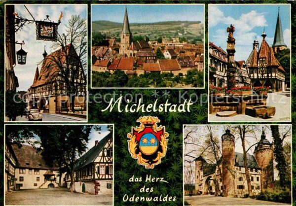 Michelstadt Fachwerkhaus Stadtbild mit Kirche Brunn