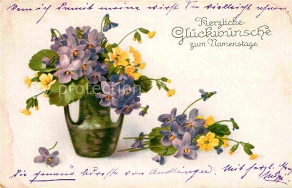 Namenstag Namenskarte Veilchen Schlüsselblumen Litho
