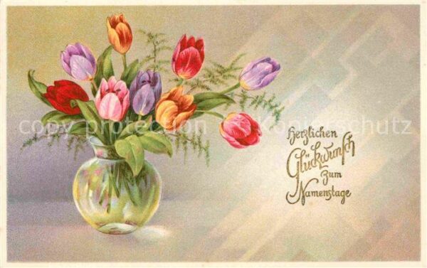 Namenstag Namenskarte Tulpen Vase Litho