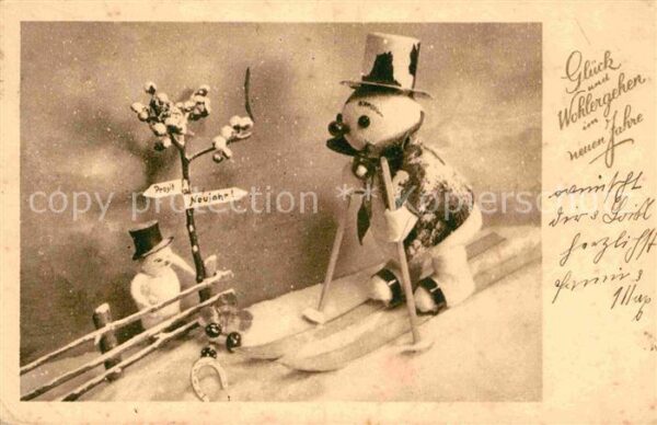 Schneemann Neujahr Skifahren Hufeisen Zylinder