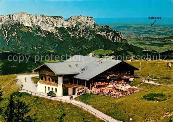 Rossfeldhuette mit Blick auf Untersberg und Salzburg