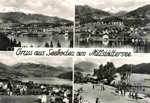 Seeboden Millstaettersee Gesamtansicht mit Alpenpanorama Badestr