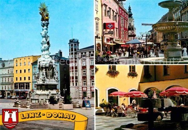 Linz Donau Hauptplatz mit Rathausturm Säule Fussgä