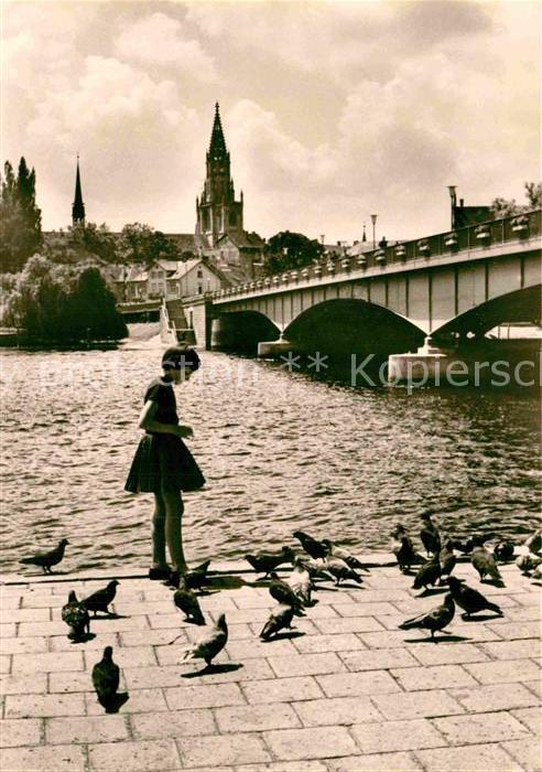 Konstanz Bodensee Mädchen bei Vogelfütterung Rheinbrücke
