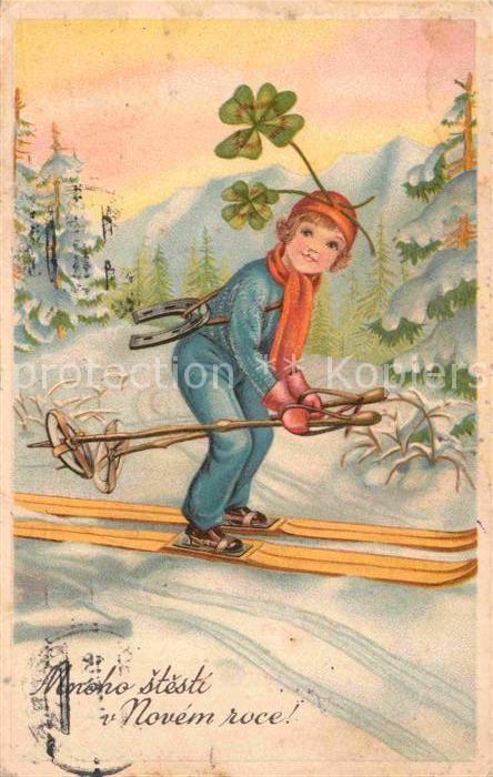 Skifahren Kind Hufeisen Kleeblatt Litho