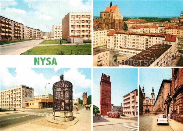 Nysa Siedlung Wohnblocks Kirche Brunnen Turm