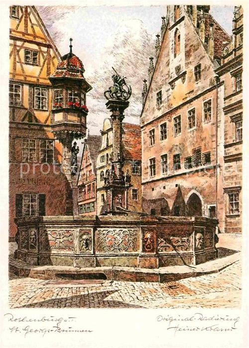 Rothenburg Tauber Brunnenpartie Künstlerkarte Heiner Kras
