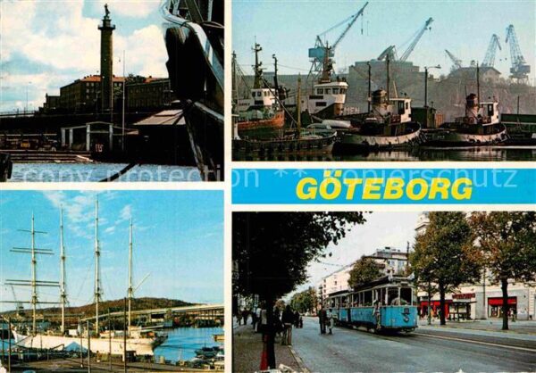 Goeteborg Denkmal Hafen Fischkutter Strassenbahn