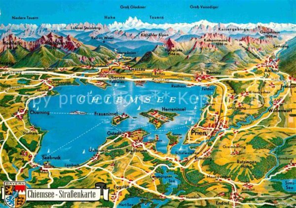 Chiemsee und Umgebung Strassenkarte Alpenkette a