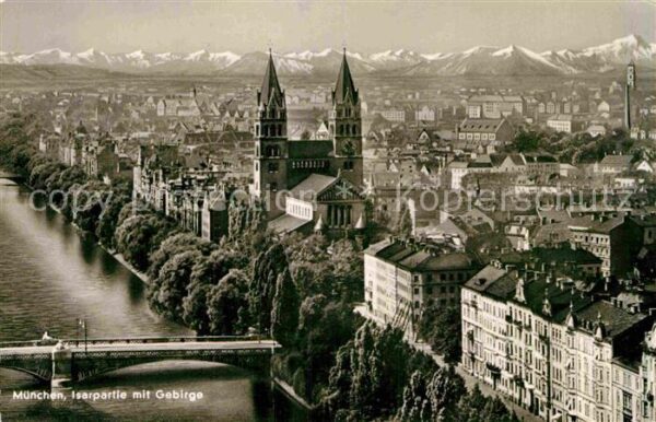 Muenchen Isarpartie mit Gebirge Stempel Münchner