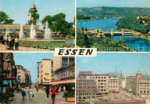 Essen Ruhr Stadtansicht Park Wasserfontänen Brücke