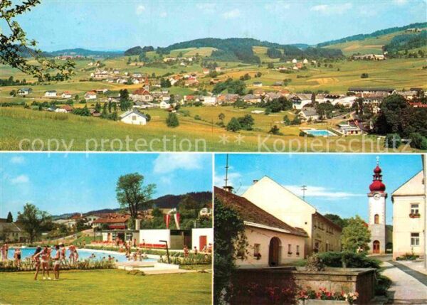 St Oswald Freistadt Gesamtansicht Schwimmbad Kirche Brunnen