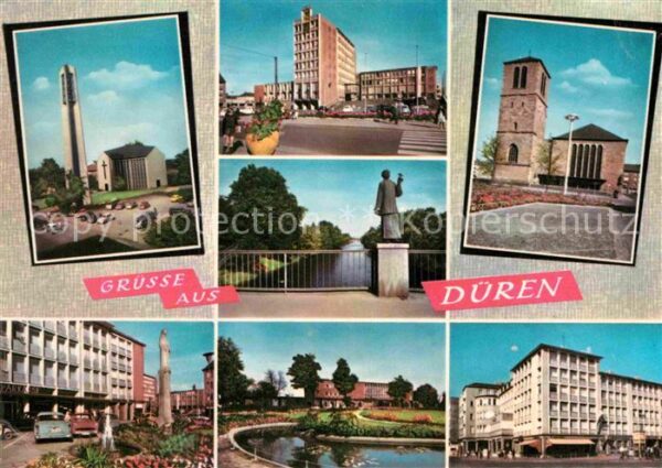 Dueren Rheinland Kirche Rathaus Statue Brunnen Teich Inn