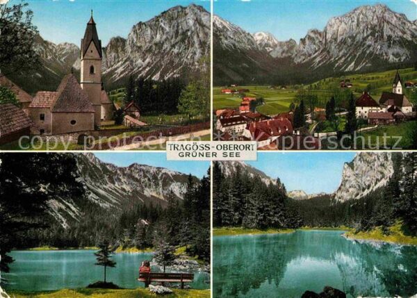 Tragoess Ortsansicht mit Kirche Bergsee Alpenpan