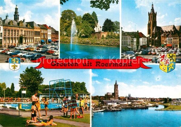 Roermond Stadtpanorama mit Kirche Fontäne Gebäud