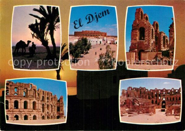 El-Djem Teilansichten Ruinen Palmen Sonnenunter