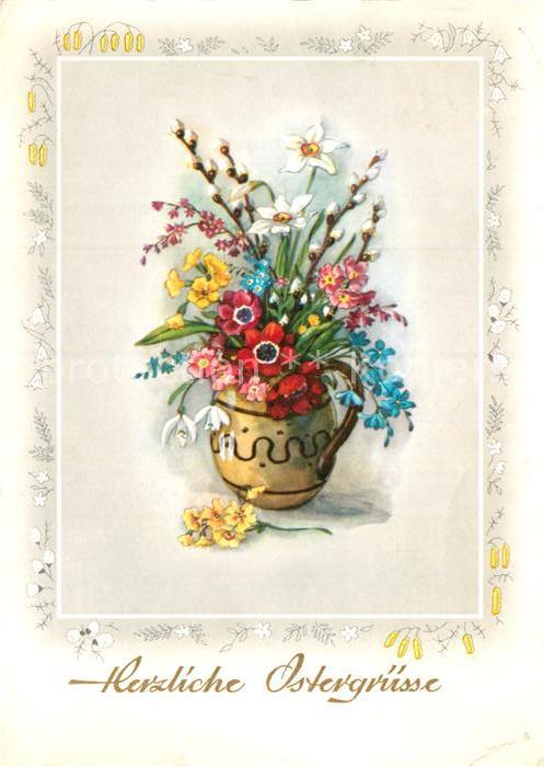 Ostern Easter Paques Vase Weidenkätzchen Narzissen Schneeglö