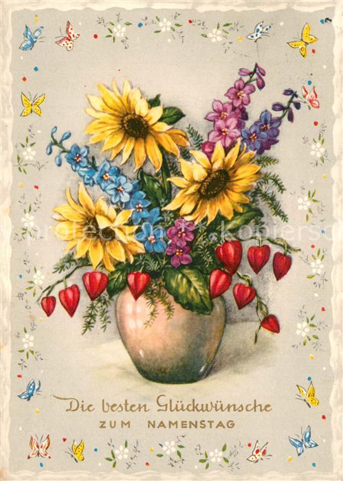 Namenstag Namenskarte Sonnenblumen Lampionblume Schmetterling