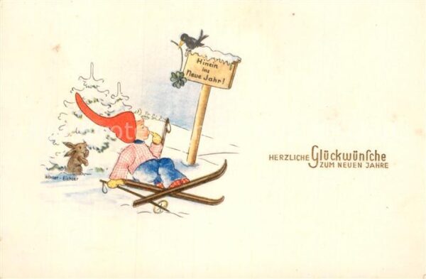Neujahr Kind Ski Hase Rabe Kleeblatt Künstlerka