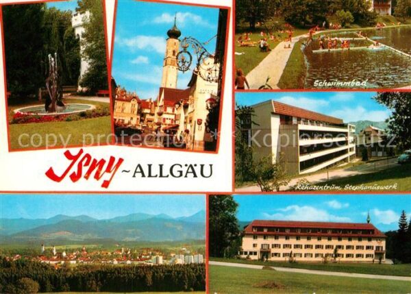Isny Allgaeu Ortsmotiv mit Kirche Brunnen Schwimmbad