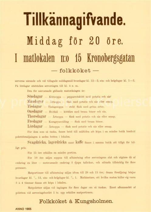 Stockholm Tillkännagifvande Folkköket & Kungsholm