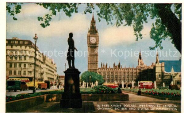Westminster London Showing Big Ben and Statue of Palmersto